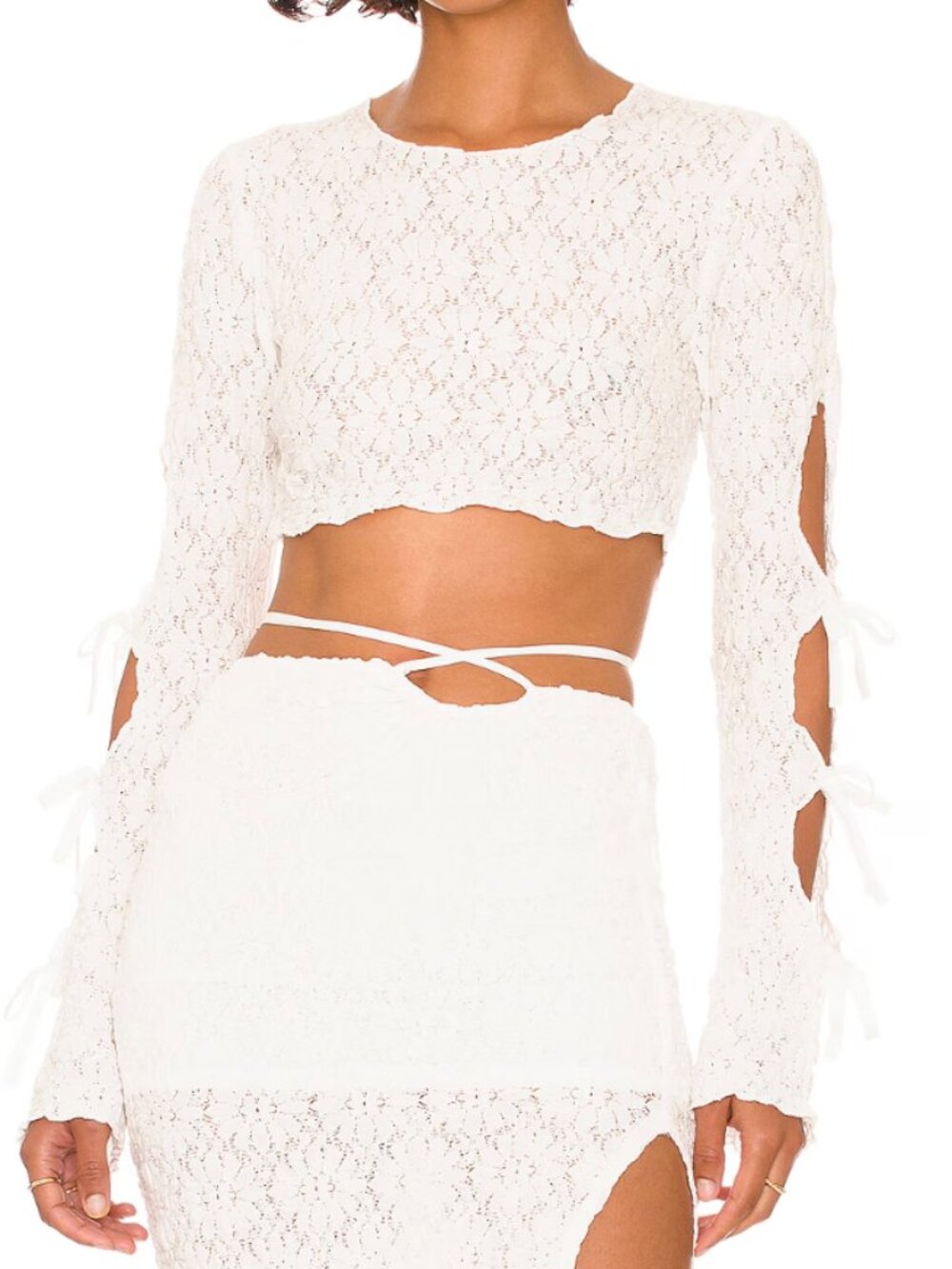 Tularosa Dianne Long Tie Sleeve Cropped Lace Top White XXS